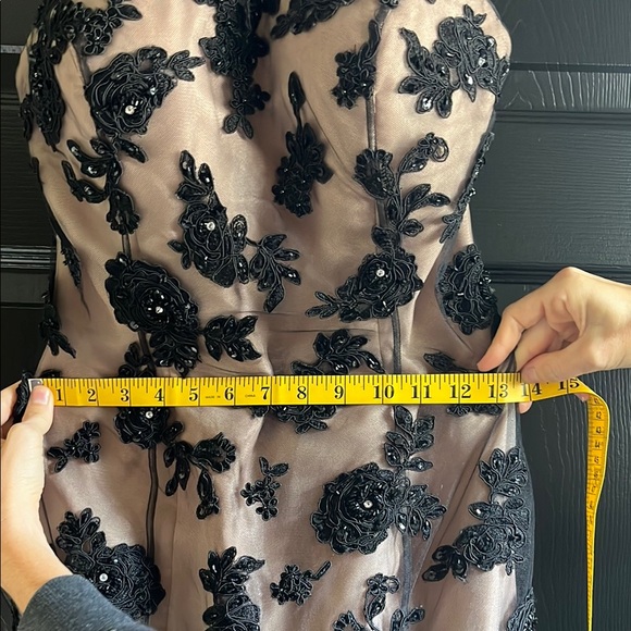 Elegant Jovani Rhinestone, Sequin, and Black Lace and Nude Mermaid Evening Gown - Picture 6 of 9